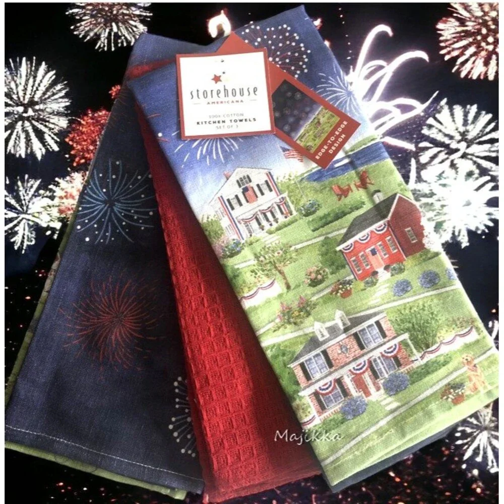 Storehouse Dish Towels Set of 3 July 4th Fireworks Red White Blue Historic Town